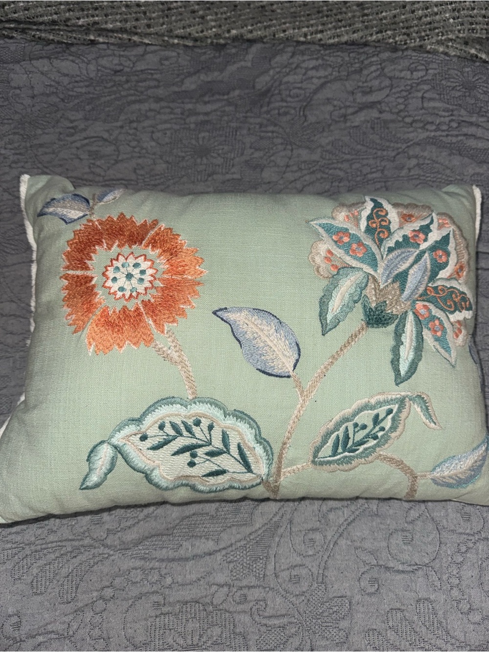 Pier 1 Embroidered Floral Accent Pillow in Mint and Orange